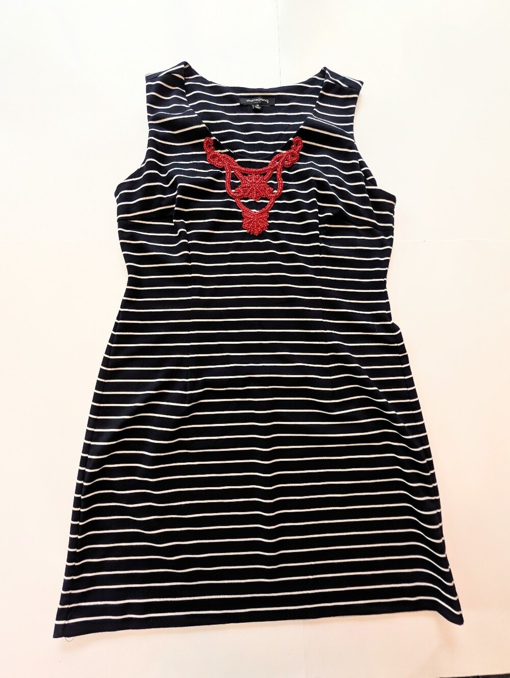 Sharagano Navy And White Sleeveless Dress With Red Beading Accents, Size 16